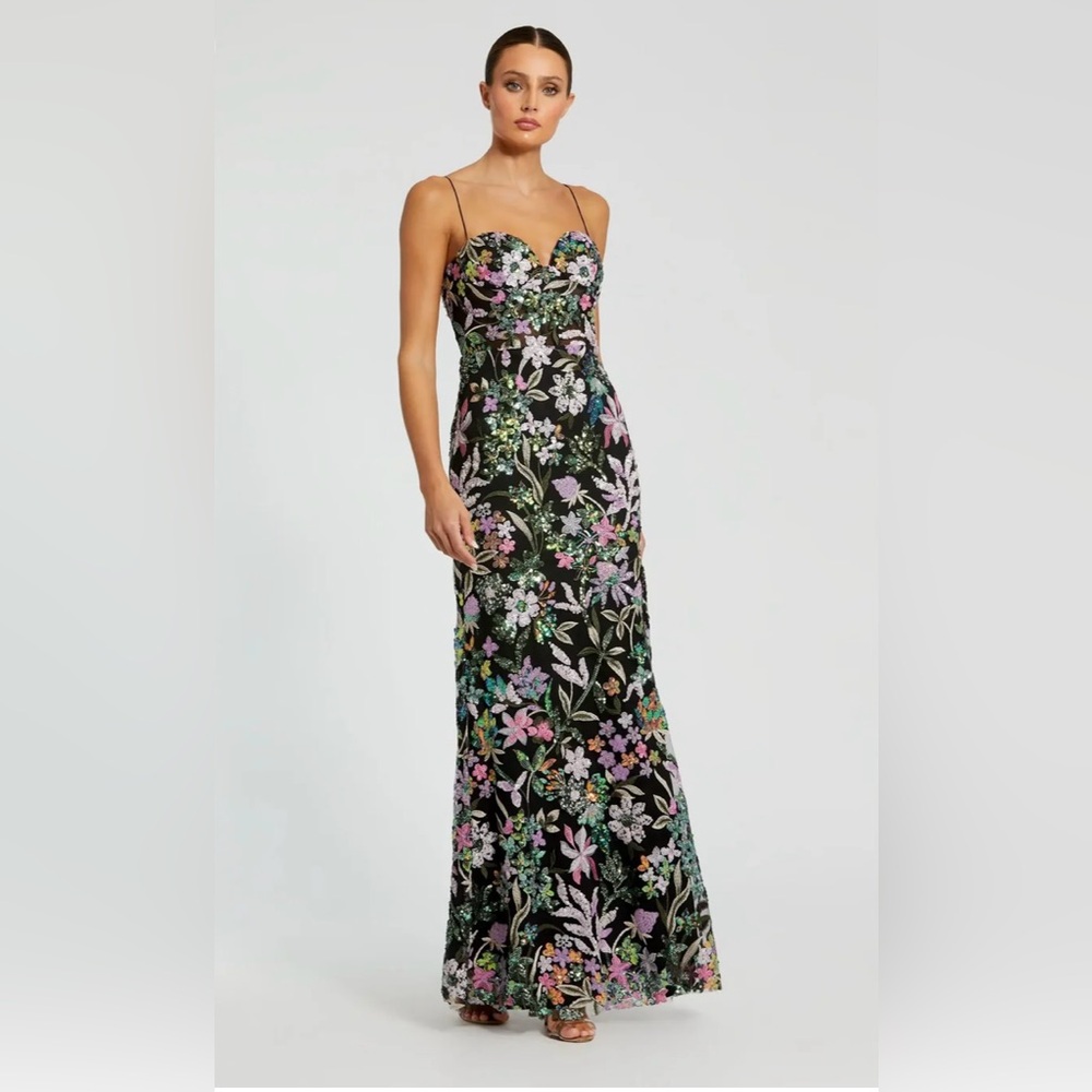 Mac Duggal Black Multicolor Embroidered Bustier Trumpet Gown Size 8